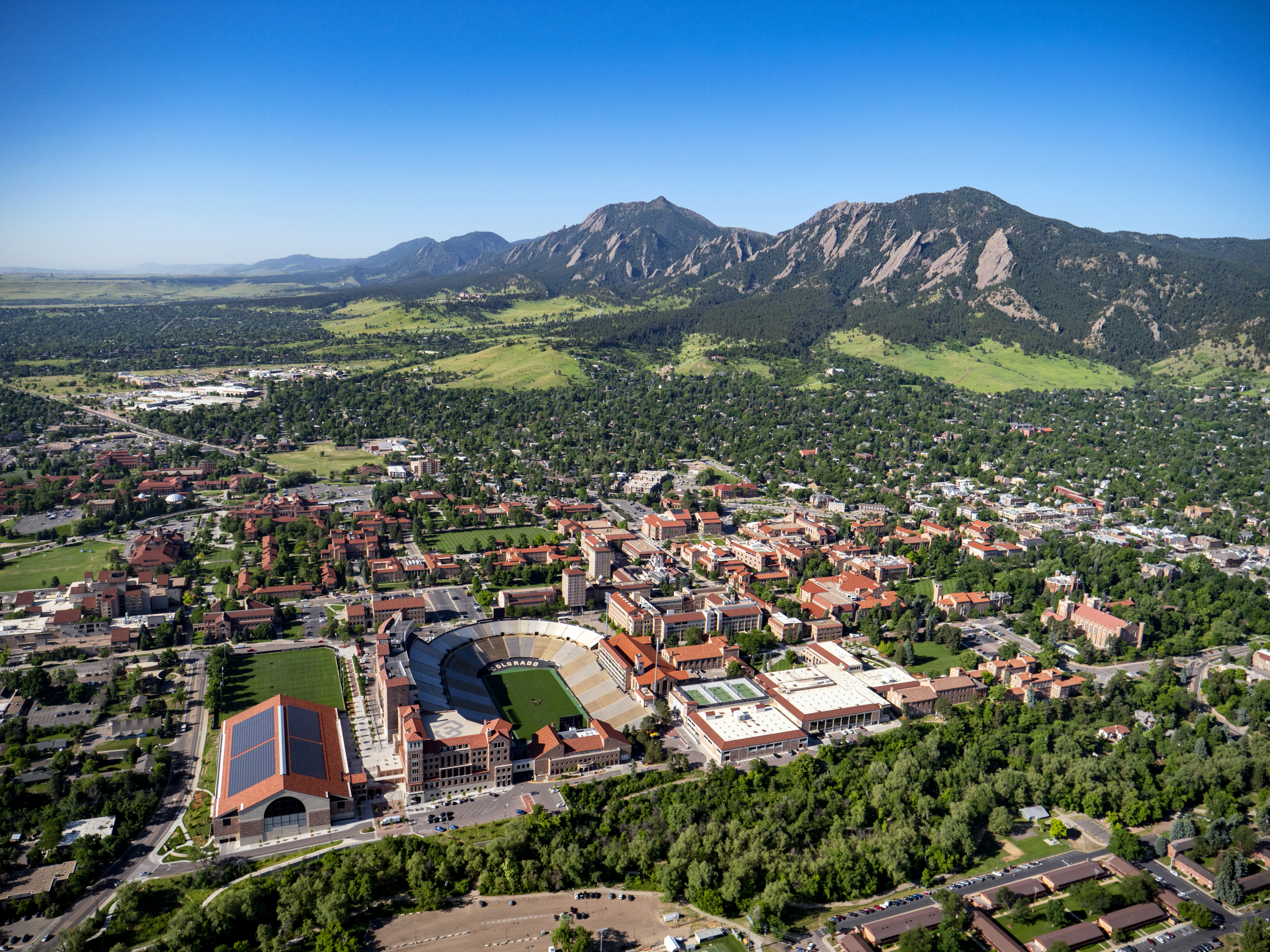 An aerial view of the CU Boulder campus