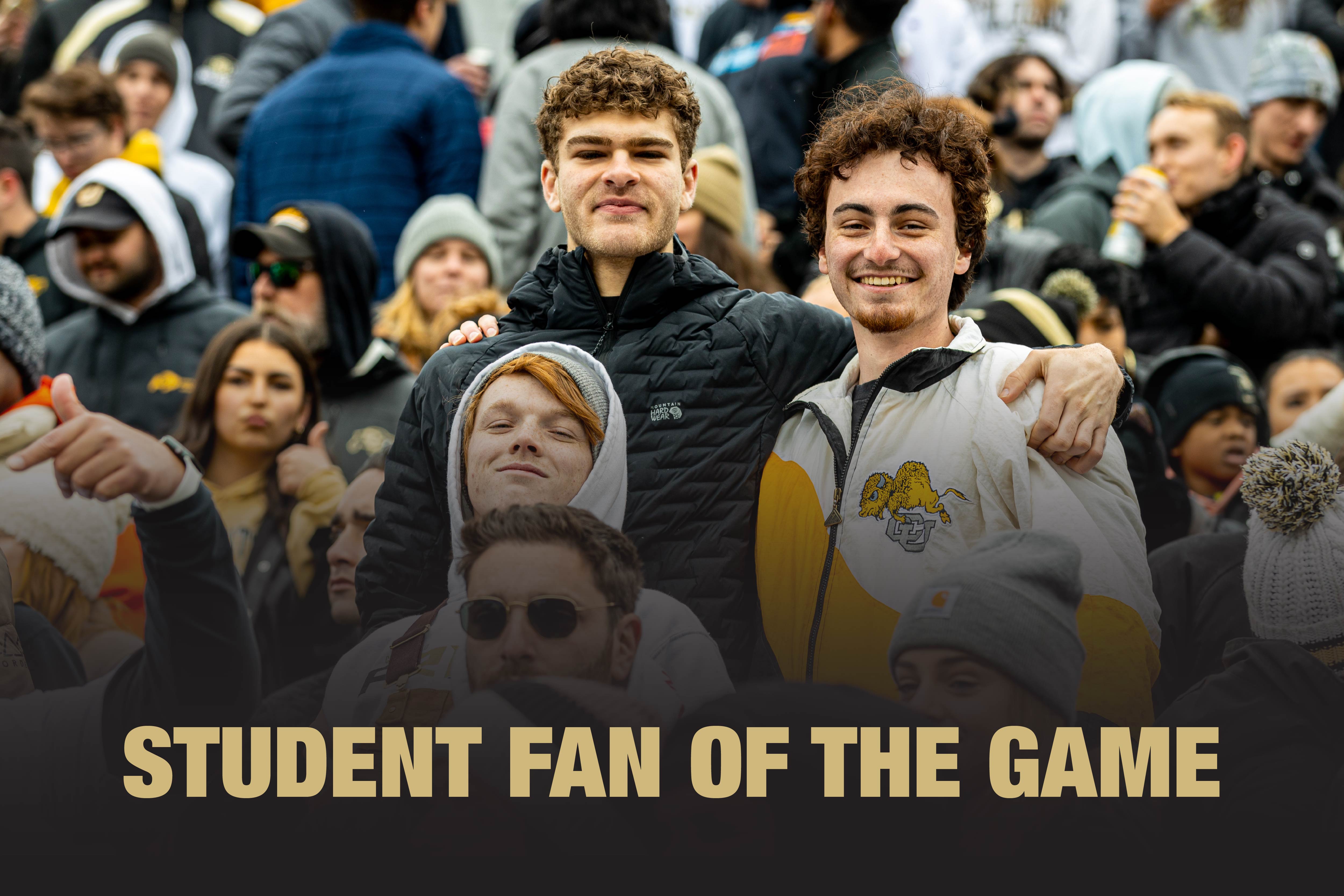 Students in the Folsom Field stands with text that reads 'Student Fan of the Game'