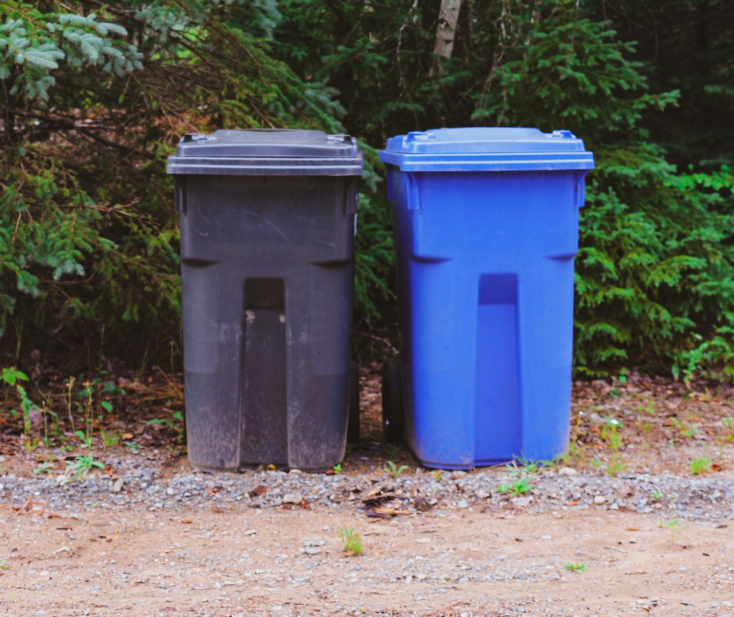 Black and blue trash bins