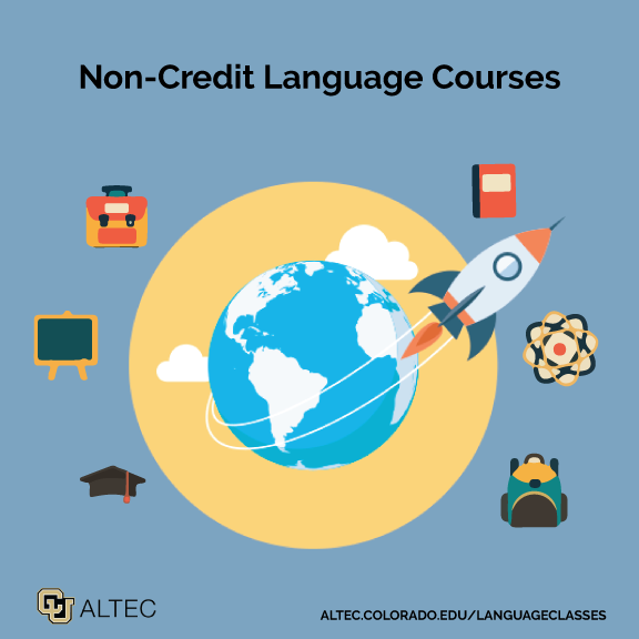 Non-Credit Language Courses at ALTEC; illustration of rocket traveling the globe
