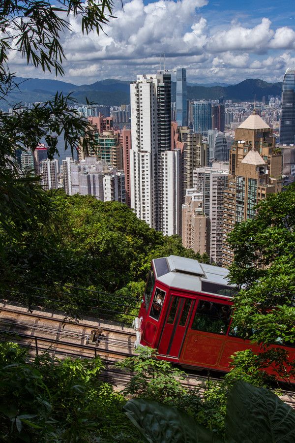 Trolley and skyline in Hong Kong, China