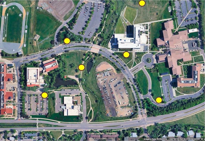 map of the area with the approximate locations of the simulated gunfire testing represented by yellow dots